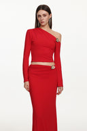 Fayie Romantic Contour One Shoulder Long Sleeve Floral Hardware Top and Skirt Set