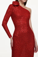 Helene Romantic Contour One Shoulder Long Sleeve Floral Sequin Maxi Dress