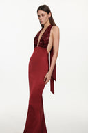 Elora Romantic Contour Deep V Halter Sequin Maxi Dress