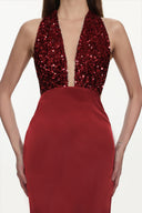 Elora Romantic Contour Deep V Halter Sequin Maxi Dress