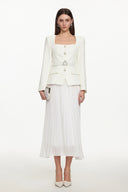 Eleni Elegant Tailored Square Neck Long Sleeve Buttoned Jacket and Skirt Set