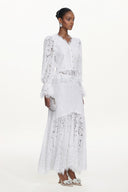 Tris Elegant Flowy Long Sleeve Pearl Buttoned Lace Top and Skirt Set