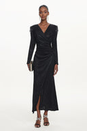 Rayna Chic Contour V Neck Long Sleeve Ruched Beaded Fringe Maxi Dress