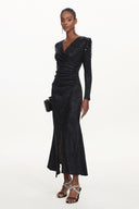 Rayna Chic Contour V Neck Long Sleeve Ruched Beaded Fringe Maxi Dress
