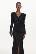 Rayna Chic Contour V Neck Long Sleeve Ruched Beaded Fringe Maxi Dress