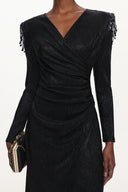 Rayna Chic Contour V Neck Long Sleeve Ruched Beaded Fringe Maxi Dress