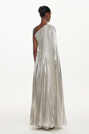 Leyla Glamorous Contour One Shoulder Drape Pleated Metallic Maxi Dress