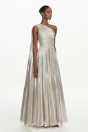 Leyla Glamorous Contour One Shoulder Drape Pleated Metallic Maxi Dress