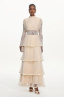 Yannei Romantic Flowy Long Sleeve Lace Tiered Tulle Maxi Dress