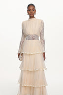Yannei Romantic Flowy Long Sleeve Lace Tiered Tulle Maxi Dress