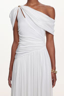 Salina Elegant Contour Sleeveless Asymmetric Cut Out Ruched White Knit Maxi Dress