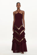 Tiana Chic Flowy Halter Embellished Ruffle Maxi Dress