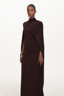 Makala Elegant Contour Drape Cape Ruched Knit Maxi Dress