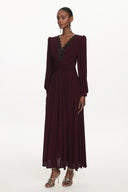 Liaco Elegant Contour V Neck Long Sleeve Ruched Lace Knit Wine Maxi Dress
