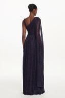 Rimo Elegant Flowy One Shoulder Ruched Metallic Voile Maxi Dress