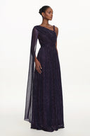 Rimo Elegant Flowy One Shoulder Ruched Metallic Voile Maxi Dress