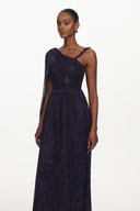 Rimo Elegant Flowy One Shoulder Ruched Metallic Voile Maxi Dress