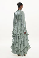 Grasa Elegant Flowy Long Sleeve Pleated Ruffle Maxi Dress