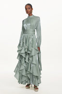 Grasa Elegant Flowy Long Sleeve Pleated Ruffle Maxi Dress