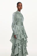 Grasa Elegant Flowy Long Sleeve Pleated Ruffle Maxi Dress