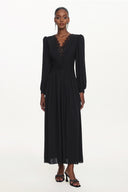 Liaco Elegant Contour V Neck Long Sleeve Ruched Lace Knit Black Maxi Dress