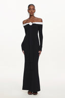 Glylah Elegant Contour Off Shoulder Long Sleeve Contrast Floral Maxi Dress