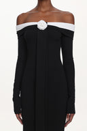 Glylah Elegant Contour Off Shoulder Long Sleeve Contrast Floral Maxi Dress
