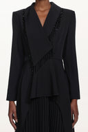 Edwina Elegant Tailored Long Sleeve Asymmetric Beaded Fringe Pleated Maxi Dress