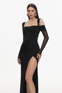 Lorin Elegant Contour Off Shoulder Long Sleeve High Slit Maxi Dress