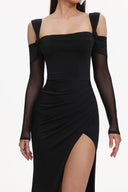 Lorin Elegant Contour Off Shoulder Long Sleeve High Slit Maxi Dress