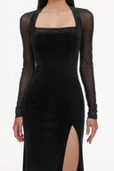 Rae Elegant  Contour Long Sleeve High Slit Velvet Maxi Dress