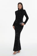 Melinda Glamorous Contour High Neck Long Sleeve Sequin Maxi Dress