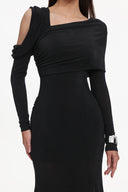 Luysa Elegant Contour One Shoulder Ruched Knit Black Maxi Dress