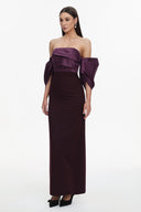 Sareka Elegant Tailored Off Shoulder Pleated Satin Maxi Dress