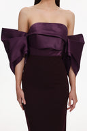 Sareka Elegant Tailored Off Shoulder Pleated Satin Maxi Dress