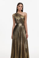 Yuni Glamorous Contour One Shoulder Pleated Metallic Maxi Dress
