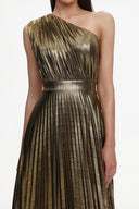 Yuni Glamorous Contour One Shoulder Pleated Metallic Maxi Dress