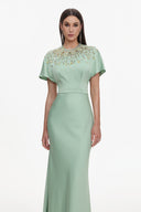 Lacey Elegant Tailored Short Sleeve Crystal Embellished Satin Maxi Dress
