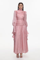 Viky Resort Waist-Defining Long Sleeve Ruched Woven Dark Pink Maxi Dress