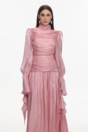 Viky Resort Waist-Defining Long Sleeve Ruched Woven Dark Pink Maxi Dress