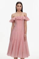 Wika Romantic Flowy Off Shoulder Ruffle Midi Dress