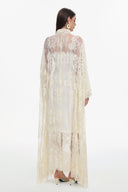 Deliyn Resort Flowy Long Sleeve Embroidered Mesh Lace Yellow Maxi Dress