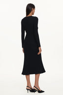 Ymmi Elegant Contour Long Sleeve Rhinestone Buttoned Knit Maxi Dress