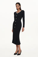 Ymmi Elegant Contour Long Sleeve Rhinestone Buttoned Knit Maxi Dress