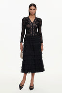 Tihila Romantic Contour V Neck Long Sleeve Buttoned Layered Lace Maxi Dress