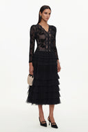 Tihila Romantic Contour V Neck Long Sleeve Buttoned Layered Lace Maxi Dress