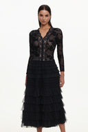 Tihila Romantic Contour V Neck Long Sleeve Buttoned Layered Lace Maxi Dress