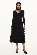 Taj Chic Contour V Neck Long Sleeve Buttoned Layered Lace Maxi Dress