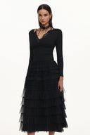 Taj Chic Contour V Neck Long Sleeve Buttoned Layered Lace Maxi Dress