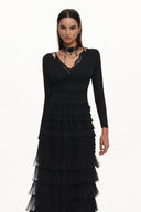 Taj Chic Contour V Neck Long Sleeve Buttoned Layered Lace Maxi Dress